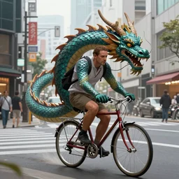 a digital painting of a real dragon is riding a bike in the streets of Tokyo