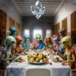 !13 diverse aliens enjoying a rich salad around a marble table, !positioned as !last_supper cinematic lighting, crystal, liquid, surreal, floating, highly detalied, 4k, artstation, by Wayne Barlowe
