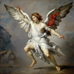 Portrait of angel with white and red feathers in the air by Caravaggio, oil painting