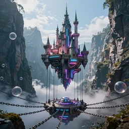 f - zero, ships, tron in the mountain with neon light futuristic hyper realistic cinematic view of floating castle hanging by chains in the air, in between a gorge, below only cloud dark void, structured by chains and cables on base, soap bubble, 8 k resolution