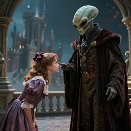 detailed, sharp, a girl bowing to the alien king, wearing 1850s era clothes, in a castle on an alien planet, extremely highly detailed, hyperrealistic, highly detailed faces, 70 mm still from a period sci fi color movie, 4k, good lighting, in color