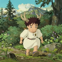 Mumintroll walking through the mountains forest, front view, art by hayao miyazaki, studio ghibli film, 4k, hi res, high detail