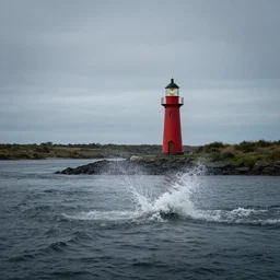 lonely lighthouse stands near the river in which the sirens are splashing