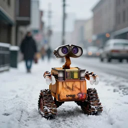 a beautiful photo by saul leiter of wall - e standing in the street, tiny gaussian blur, insanely detailed, insanely intricate, insanely beautiful, depth of field, low contrast, snowy, wide aperture