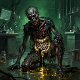 dark green sci-fi lab at night gustave coubert painting of black onyx skin horror zombie dressed in rags exposed guts crawling in two legs and dripping golden metalic fluid from intestine into a puddle of golden liquid on the floor.