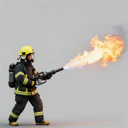 photo of a firefighter using a flamethrower projecting a long flame. highly-detailed