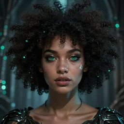 beautiful portrait of one goddess with gorgeous afro hair with deep emerald eyes, afrofuturism style, neo-gothic bioluminiscent details in the background, moody volumetric lighting, 8K