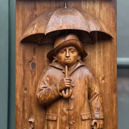wood carving from ancient master of paddington holding an umbrella in the rain