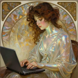 a brunette girl with curly hair working on her laptop, iridescent scaled skin, refraction and reflections, translucent, shawl, robes, scarf, artstation, painting by alphonse mucha and bouguereau and ruan jia and conrad roset