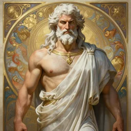 hyperrealistic painted portrait of rugged zeus greek god white hair masculine mature rugged opulent ancient greek motifs background handsome handsome upper body muscular robe flowing fantasy elegant detailed digital painting trending artstation concept art sharp focus illustration art by alphonse mucha greg rutkowski