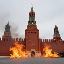 kremlin in fire by jheronimus bosch, armageddon, hyper realistic, sharp focus, depth of field, hyper detailed visionary art, symmetric, magic symbols, holy halo, dramatic ambient lighting, high detail, vibrant colors,
