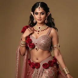 Professional photograph of a voluptuous South Asian elven goddess of jewellery and roses, fully clothed