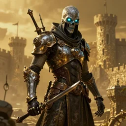 medieval steampunk grim reaper, hyper detailed, bioluminescent, background fortress, digital art, golden, trending in artstation, cinematic lighting, studio quality, smooth render, unreal engine 5 rendered, octane rendered, art style by ian sprigger and terry gilliam brazil and archan nair, jack kirby and simon bisley, physically based rendering