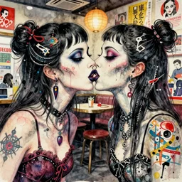 watercolor painting of two bizarre psychedelic goth women kissing each other closeup in a cafe in japan, speculative evolution, mixed media collage by basquiat and jackson pollock, magazine collage art, sapphic art, lesbian art, chemically damaged