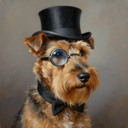 beautiful painting of an Irish terrier wearing a monocle and a top hat, oil painting