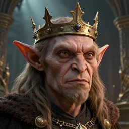 highly detailed closeup portrait of a medieval goblin wearing a crown, stephen bliss, unreal engine, greg rutkowski, ilya kuvshinov, ross draws, hyung tae and frank frazetta, tom bagshaw, tom whalen, nicoletta ceccoli, mark ryden, earl norem, global illumination, god rays, detailed and intricate environment