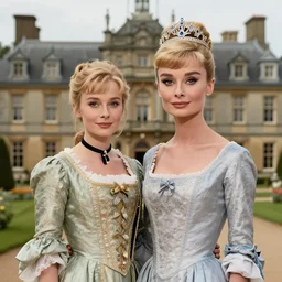 a blonde mix of eastern anya taylor - joy and audry hepburn, tiara, standingly proud in their 1 8 th century manor, hyperrealism photorealism, 8 k, hdr, unreal engine 5, octane render, photorealistic, extremely detailed, intricate, in the style of mark ryden, lostfish, earl nore, hyung tae, frank frazetta