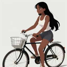 Anime girl black hair tail dark skin with old bicycle trending on artstation