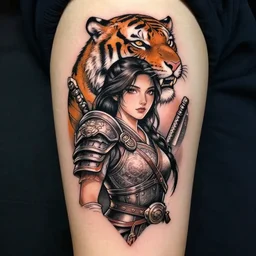 tattoo design of a beautiful girl warrior, above the girl there is a tiger head, hyper realistic, realism tattoo, by eliot kohek, beautiful eyes, realistic face, black and white, white background