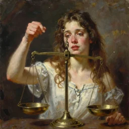 scales ⚖ with a weeping woman on one side. painting by craig mullins