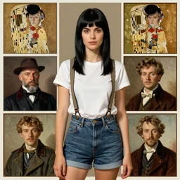 a woman with black hair and long pixie haircut in shorts with suspenders and white t-shirt drawn by george bellows, gustave caillebotte, Alexandre Cabanel, norman rockwell, giovanni boldini, maler collier, peter paul rubens, alphonse mucha, gustav klimt 4k, unreal 5, DAZ, french noveau, trending on artstation, octane render, hyperrealistic