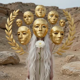 The full body shot of beautiful pale lady with a while flower and full-face golden mask in a rocky desert background, multiple eyes and eyes reflection, long hair, photography, wide shot, day, cinematic composition, practical effects, award winning photo, 8k