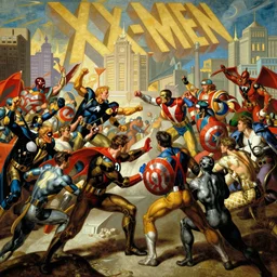 d. c. justice league in a massive battle against marvels x - men across a metropolitan landscape, high level of detail in the style of giovanni battista tiepolo