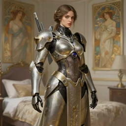 woman combat mech, bedroom, intricate clothes, elegant, highly detailed, digital painting, artstation, concept art, smooth, sharp focus, illustration, art by krenz cushart and artem demura and alphonse mucha