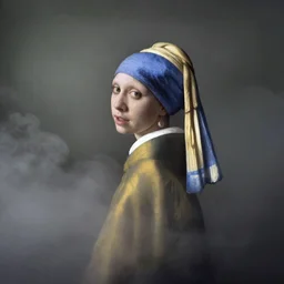 woman in the style of Vermeer emerging from billowing fog