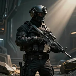 a sci fi futuristic of a swat member full tactical gear
