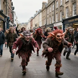 documentary flash photography of goblins running riot on exeter high street. highly detailed