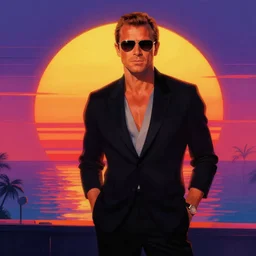 james bond watching retrowave vintage sunset, big round sun, synthwave, neon, digital painting, artstation