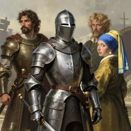 medieval knight by moebius and atey ghailan by james gurney by vermeer by George Stubbs in the style anime