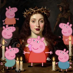 a renaissance oil painting by Alma Tadema of Peppa Pig descending into Hell, faint smile dark lipstick, crown of thorns, numerous dark lit candles, colourful pastel trending artstation, detailed portrait academic Bouguereau caravaggio high shadow contrast, sharp focus medium shot