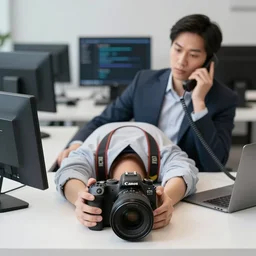 A software engineer passed out on their desk is tasked with another dead end support call on the phone, Canon EOS R3, f/1.4, ISO 200, 1/160s, 8K, RAW, unedited, symmetrical balance, in-frame