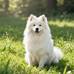 a samoyed dog sitting in the middle of sunny meadow, by Akira Toriyama