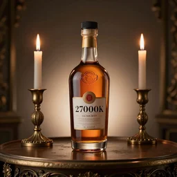 photograph of an amber bottle of liqueur sits an ornate table between two ornate candles, 2700K very dim soft light, rim light, backlight, photographic , photorealism, professional photograph, deep focus, laser sharp, Octane render, Unreal 5, trending on artstation, CG Society