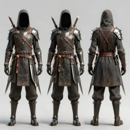 three different views of a rogue armor set with blades and leather straps and belts and knives and shurikens, concept art by senior character artist, trending on artstation, artstation hd, full body