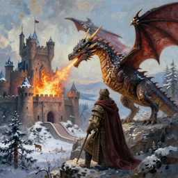hyperrealistic classic oil painting, as a digital illustration, of a lifelike medieval dragon breathing fire upon a castle, as a dnd character, ultradetailed, surrounded by cold taiga, high readability, trending on artstation, dreamlike, art by brothers hildebrandt