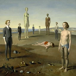 a surreal landscape inhabited strange figures in the background that get larger in the forgeound by hans bellmer, salvador dali, rachel ruysch