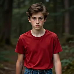 portrait, teenager, freckles, brown hair, thin eyebrows, brown eyes, red shirt, blue jeans, walking in forest, detailed face, realistic photo.