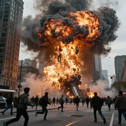 a dramatic photo of a city under attack by aliens. building are exploding and people are running
