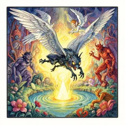 dixit card, fly, swoop, catch, hunt, prey, angel, devil, horror, terror, theme park, cryptid, intricate, amazing composition, colorful watercolor, by ruan jia, by maxfield parrish, by shaun tan, by nc wyeth, by michael whelan, by escher, illustration, volumetric, bloom, sun puddle