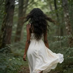 a black woman seen from behind from far away with flowing hair and a flowing sundress dreaming in a forest, fine details by realistic shaded lighting poster by ilya kuvshinov katsuhiro otomo, magali villeneuve, artgerm, jeremy lipkin and michael garmash and rob rey, art nouveau, alphonse mucha, william - adolphe bouguereau, golden hour