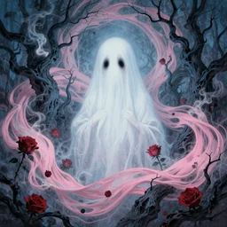 a beautiful terrifying ghost portrait black eyes smoke twisted trees rose blackpink, floating cloth whirlpool, sorayama ethereal horror fantasy art blue, pink, red white hues by karol bak raymond swanland, gaston bussiere craig mullins alphonse mucha basil gogos, monet, ruan jia, by wlop, moebius syd mead roger dean yoshitaka amano