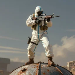 rust facepunch game guy in hazmat suit, standing on top of dome and aiming assault rifle