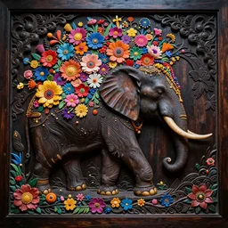 Painted dark-wood relief carving of a Flowerpunk Matriarch Elephant, explosion of colorful flowers, dark wood, intricately carved, black ink, festival of rich colors, intricate details, cinematic lighting, volumetric lighting, backlit, post-processing, by andreas rocha and john howe, and Martin Johnson Heade, featured on artstation, featured on behance, golden ratio, ultrawide angle, hyper detailed, photorealistic, epic composition, wide angle, f32, well composed, UE5, 8k
