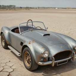closeup of rusty shelby cobra, full car, weathered, desert, cracked dry lake bed, by Zdzislaw Beksinski, Norman Rockwell, al duke, Valter de Morais, highly detailed, soft lighting, film grain, 8k resolution, hd, oil on canvas