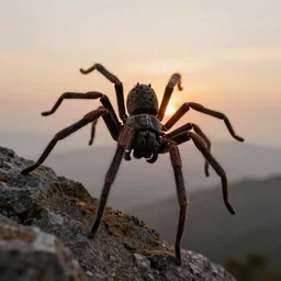 massive spider climbing over a mountain dusk, volumetric lighting, foggy