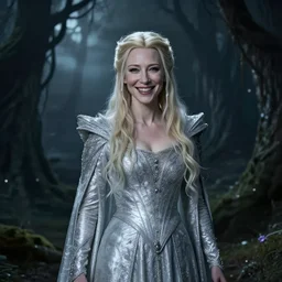 portrait of mischievous, dangerous young, smiling Galadriel (Cate Blanchett) as a queen of fairies, dressed in a beautiful silver dress. ((The background is a dark, creepy eastern europen forrest)).  night, horroristic shadows, high contrasts, lumnious,  photorealistic, dreamlike, (mist filters), theatrical, character concept art by ruan jia, John Anster Fitzgerald, thomas kinkade, and J.Dickenson, trending on Artstation